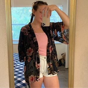 American eagle cardigan, velvet peonies/ roses, black